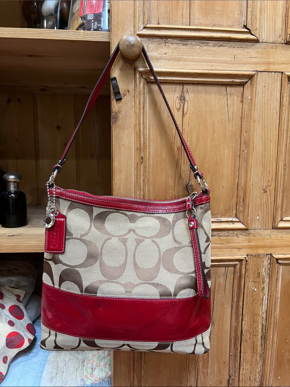 Coach F13674 Signature Red Stripe Shoulder Bag